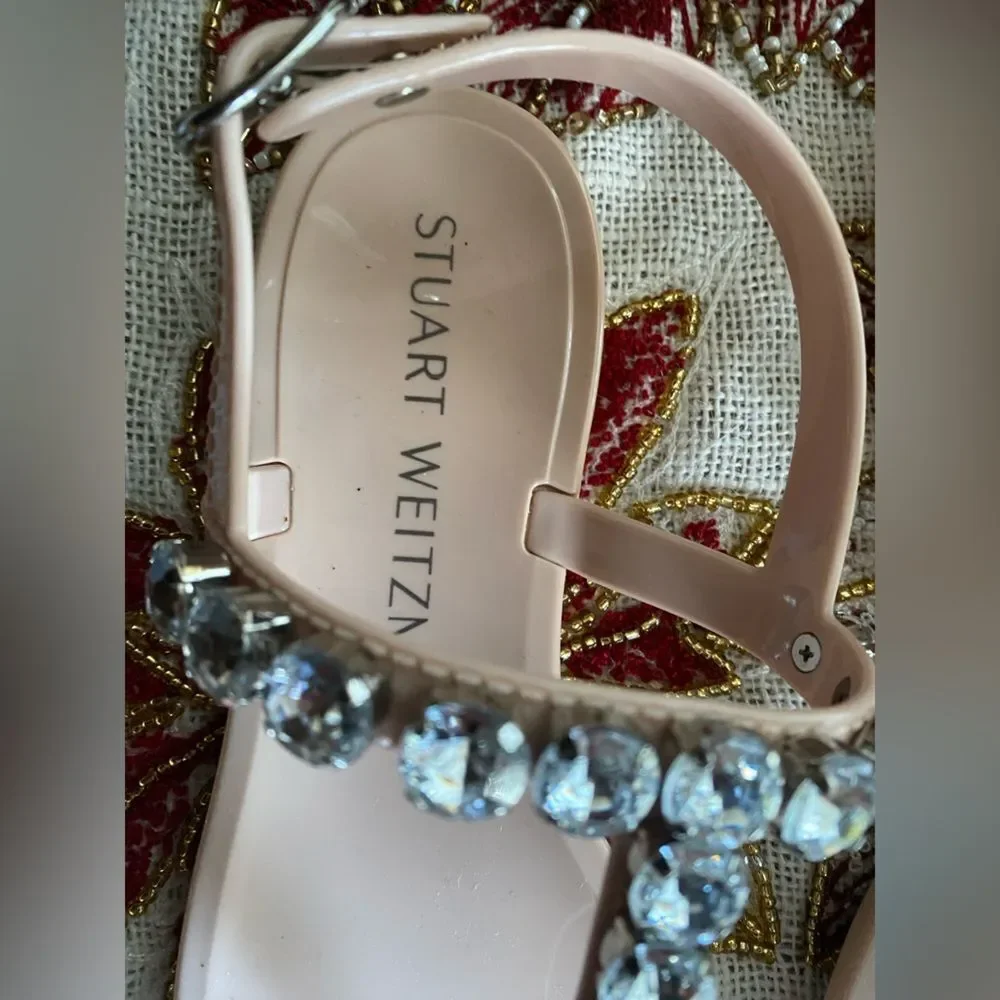 Stuart Weitzman Womens Goldie Jelly T-Strap Sandals Beige Slingback Beaded Sz 6